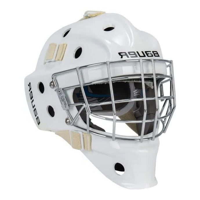 tilted front view white Bauer S20 930 Ice Hockey Goalie Mask - Youth