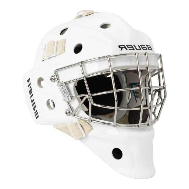 tilted front view white Bauer S21 940 Ice Hockey Goalie Mask - Junior