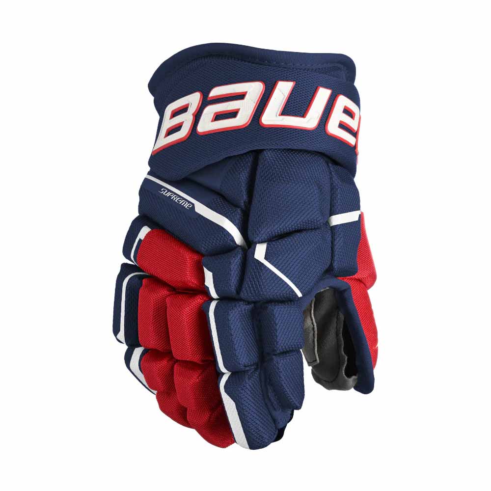 top view of red navy white Bauer S23 Supreme Matrix Ice Hockey Gloves - Intermediate