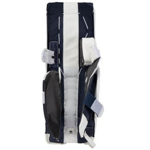 Load image into Gallery viewer, CCM Goalie Leg Pads CCM S23 Extreme Flex E6.5 Junior White/White/Navy/Navy back of left pad open showing interior