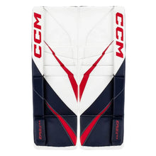 Load image into Gallery viewer, front view white navy red CCM EFlex E6.5 Junior Leg Pads
