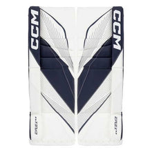 Load image into Gallery viewer, front view white and navy CCM EFlex E6.5 Junior Leg Pads
