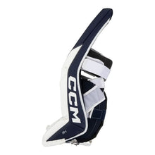 Load image into Gallery viewer, side view white navy CCM EFlex E6.5 Junior Leg Pads
