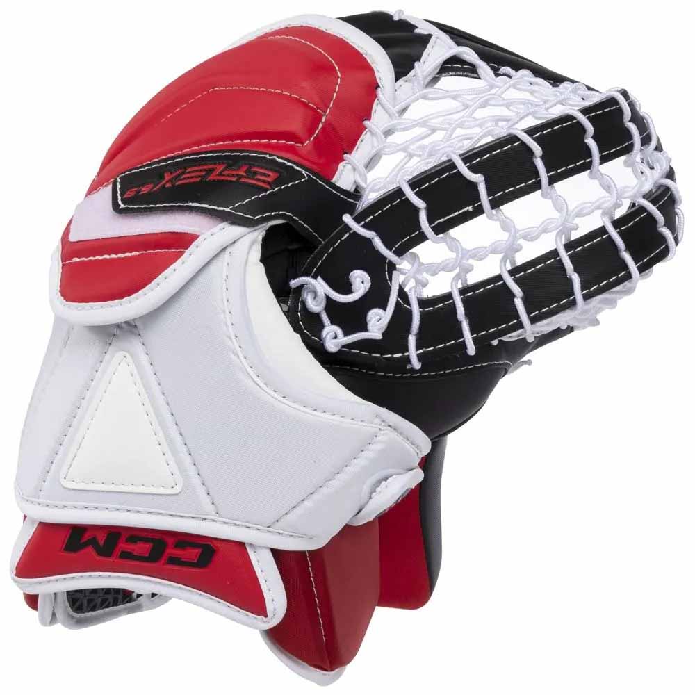 top of hand view white black and red CCM S23 Extreme Flex E6.9 Goal Catch Glove