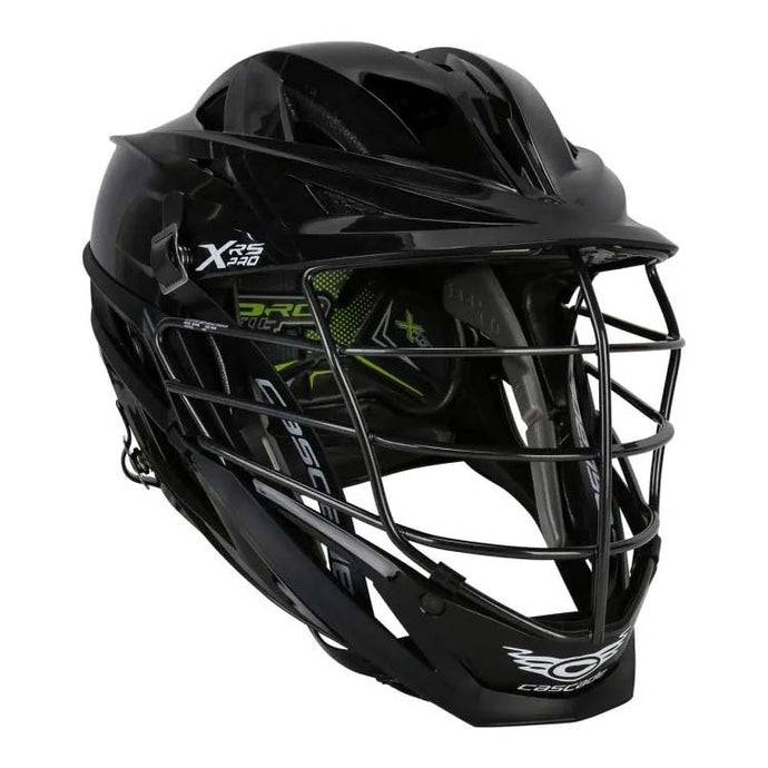 front tilted view black Cascade XRS Pro Chrome Lacrosse Helmet