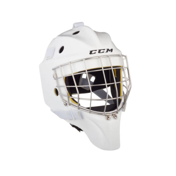 front tilted view white CCM AXIS 1.5 YOUTH GOALIE MASK