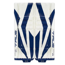 Load image into Gallery viewer, front view white navy True Catalyst 7X3 Senior Goalie Pads
