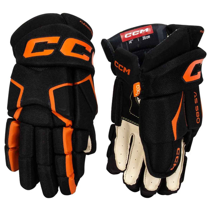 Picture of the black and orange CCM S22 Tacks AS 580 Ice Hockey Gloves (Senior)