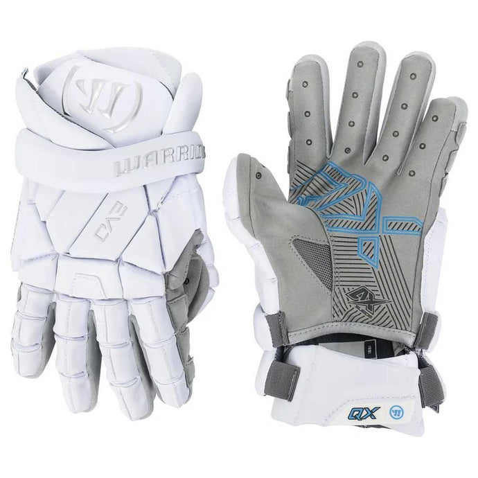 Full front and back picture of the white Warrior EVO QX2 Lacrosse Gloves