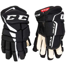 Load image into Gallery viewer, Full front and back picture of the black/white CCM Jetspeed FT485 Ice Hockey Gloves (Junior)
