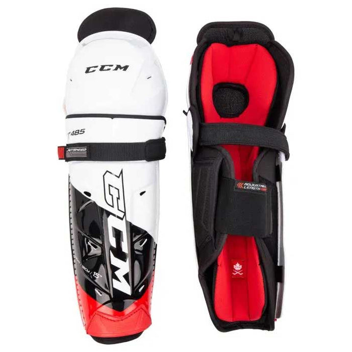 Full front and back picture of the CCM Jetspeed FT485 Ice Hockey Shin Guards (Senior)