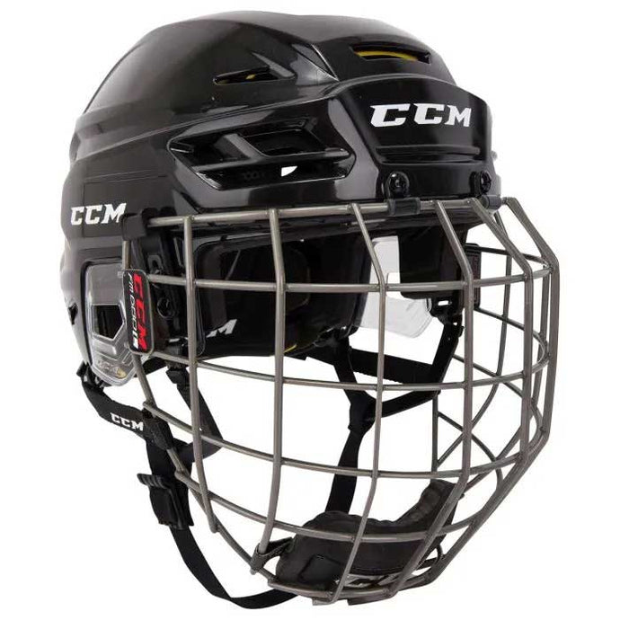 Full front picture of black CCM Tacks 310 Combo Ice Hockey Helmet