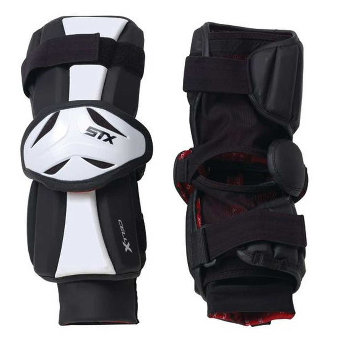 Front and back picture of the black STX CELL X Lacrosse Arm Guards