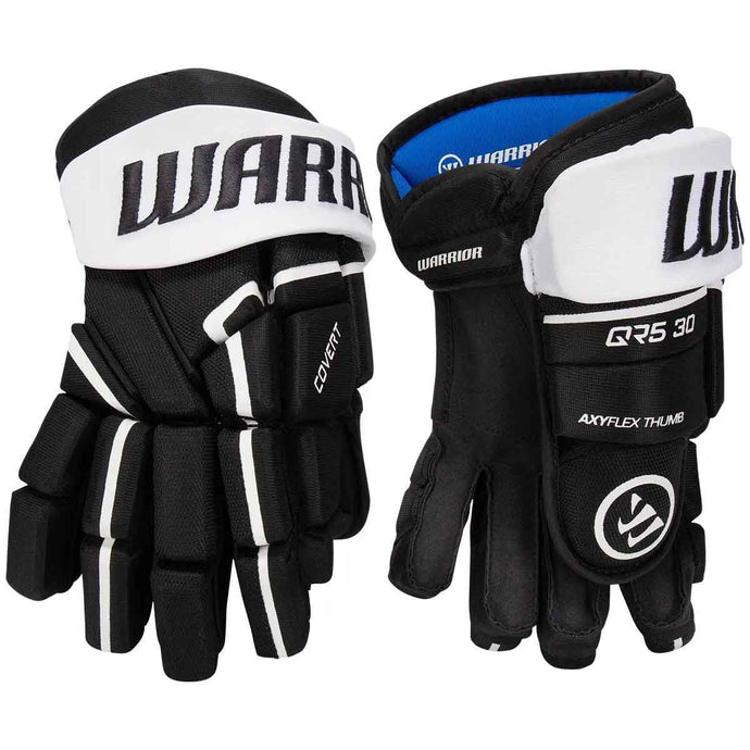 Front and back picture of the black/white Warrior QR5 30 Ice Hockey Gloves (Senior)