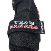 Load image into Gallery viewer, Warrior Team Canada Lax Elbow Guards (Youth) close up of Team Canada strap
