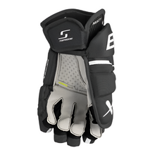 Load image into Gallery viewer, Bauer Supreme Mach Hockey Gloves Intermediate 2023 black/white front (palm) of left glove
