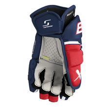 Load image into Gallery viewer, Bauer Supreme Mach Hockey Gloves Intermediate 2023 navy/red/white front (palm) of left glove
