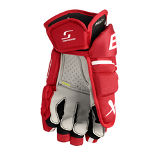 Load image into Gallery viewer, Bauer Supreme Mach Hockey Gloves Intermediate 2023 red front (palm) of left glove
