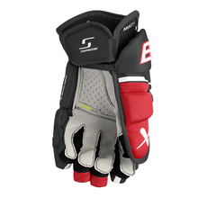 Load image into Gallery viewer, Bauer Supreme Mach Hockey Gloves Intermediate 2023 black/red front (palm) of left glove
