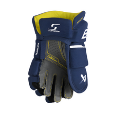 Load image into Gallery viewer, Bauer Supreme Mach Hockey Gloves Youth 2023 navy front (palm) of left glove
