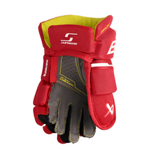 Load image into Gallery viewer, Bauer Supreme Mach Hockey Gloves Youth 2023 red front (palm) of left glove
