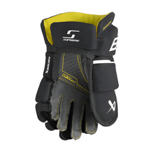 Load image into Gallery viewer, Bauer Supreme Mach Hockey Gloves Youth 2023 black/white front (palm) of left glove
