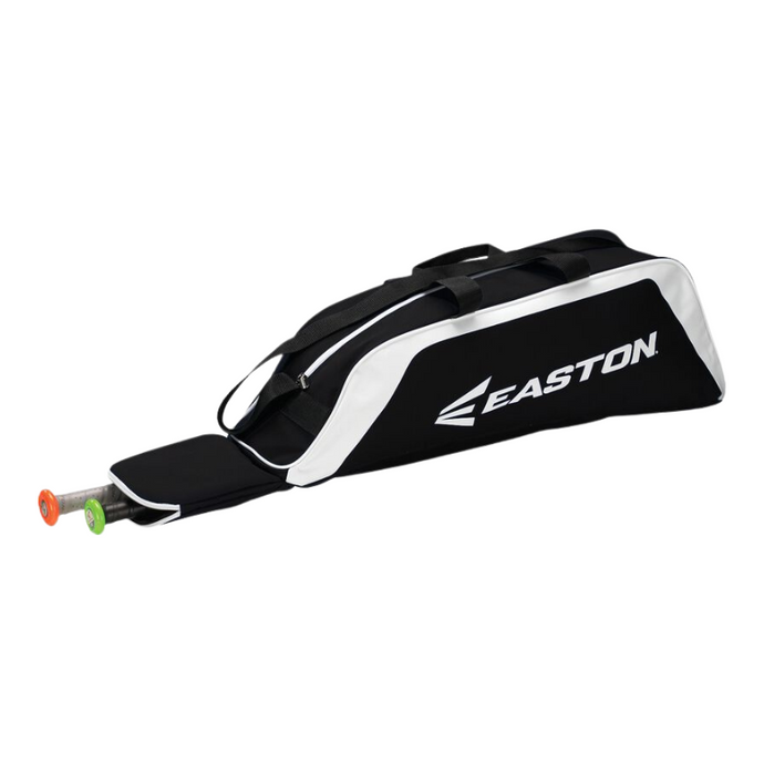 Easton E100T Tote Baseball Bag Youth black showing 2 bats protruding from the zippered bat slot