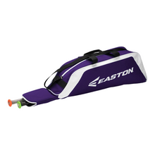 Load image into Gallery viewer, Easton E100T Tote Baseball Bag Youth purple showing 2 bats protruding from the zippered bat slot
