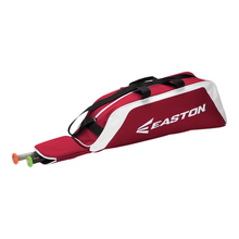 Load image into Gallery viewer, Easton E100T Tote Baseball Bag Youth red showing 2 bats protruding from the zippered bat slot
