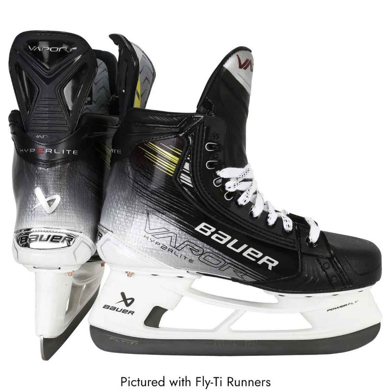 Bauer Hockey Skates Bauer S23 Vapor Hyperlite 2 Intermediate Black back of one skate and side of the other facing right, with Fly-Ti runners