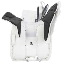 Load image into Gallery viewer, CCM Goalie Leg Pads CCM S23 Extreme Flex 6 Senior White/White/White/White bottom of left pad open showing interior, with top farther away
