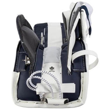 Load image into Gallery viewer, CCM Goalie Leg Pads CCM S23 Extreme Flex E6.5 Junior White/White/Navy/Navy bottom of left pad with top further away showing interior
