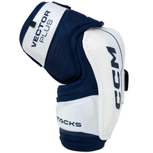 Load image into Gallery viewer, CCM Hockey Elbow Pads CCM Tacks Vector Plus Source Exclusive (2024) Senior White/Royal side facing right
