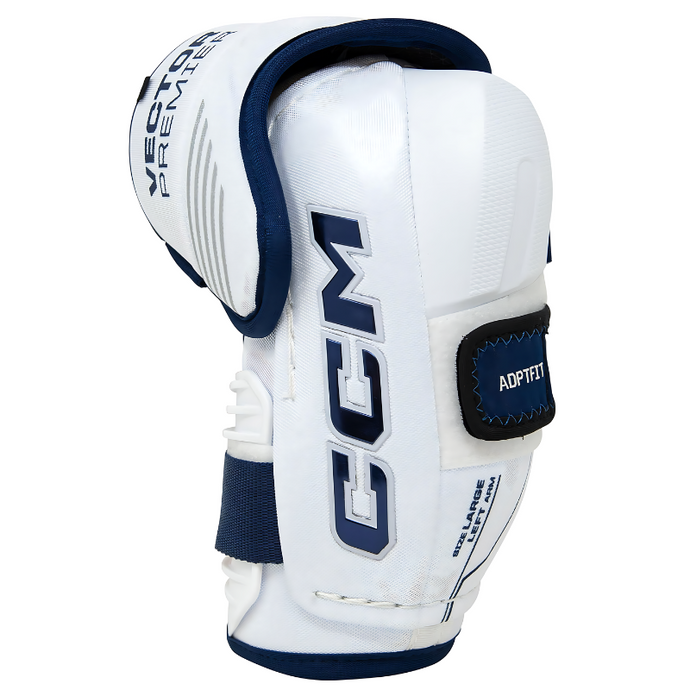 CCM Hockey Elbow Pads CCM Tacks Vector Premier Source Exclusive (2024) Senior White/Royal front side facing right