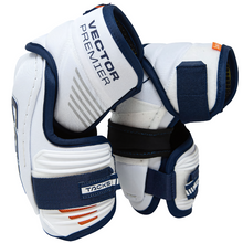 Load image into Gallery viewer, CCM Hockey Elbow Pads CCM Tacks Vector Premier Source Exclusive (2024) Senior White/Royal side facing left of both
