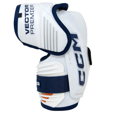Load image into Gallery viewer, CCM Hockey Elbow Pads CCM Tacks Vector Premier Source Exclusive (2024) Senior White/Royal side facing right
