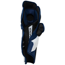 Load image into Gallery viewer, CCM Hockey Shin Guards CCM Tacks Vector Plus Source Exclusive (2024) Junior White/Royal back showing interior

