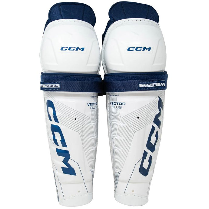 CCM Hockey Shin Guards CCM Tacks Vector Plus Source Exclusive (2024) Junior White/Royal front of both