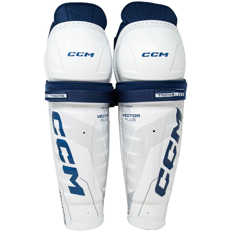 CCM Hockey Shin Guards CCM Tacks Vector Plus Source Exclusive (2024) Junior White/Royal front of both