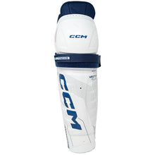 Load image into Gallery viewer, CCM Hockey Shin Guards CCM Tacks Vector Plus Source Exclusive (2024) Junior White/Royal front
