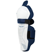 Load image into Gallery viewer, CCM Hockey Shin Guards CCM Tacks Vector Plus Source Exclusive (2024) Junior White/Royal side facing left
