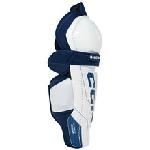 Load image into Gallery viewer, CCM Hockey Shin Guards CCM Tacks Vector Plus Source Exclusive (2024) Junior White/Royal side facing right
