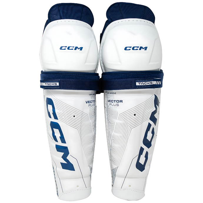 CCM Hockey Shin Guards CCM Tacks Vector Plus Source Exclusive (2024) Senior White/Royal front of both, side by side