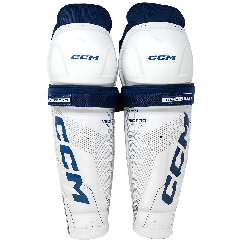 CCM Hockey Shin Guards CCM Tacks Vector Plus Source Exclusive (2024) Senior White/Royal front of both, side by side