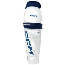 Load image into Gallery viewer, CCM Hockey Shin Guards CCM Tacks Vector Plus Source Exclusive (2024) Senior White/Royal front
