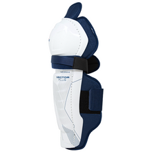 Load image into Gallery viewer, CCM Hockey Shin Guards CCM Tacks Vector Plus Source Exclusive (2024) Senior White/Royal side facing left
