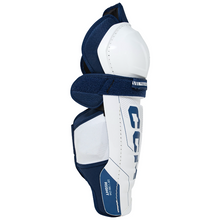 Load image into Gallery viewer, CCM Hockey Shin Guards CCM Tacks Vector Plus Source Exclusive (2024) Senior White/Royal side facing right
