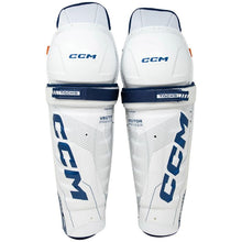 Load image into Gallery viewer, CCM Hockey Shin Guards CCM Tacks Vector Premier Source Exclusive (2024) Junior White/Blue front of both, side by side
