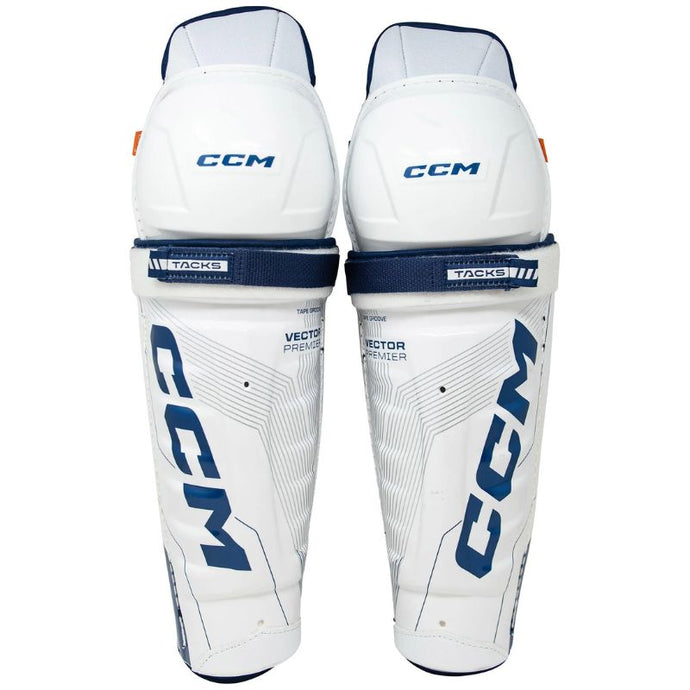 CCM Hockey Shin Guards CCM Tacks Vector Premier Source Exclusive (2024) Junior White/Blue front of both, side by side