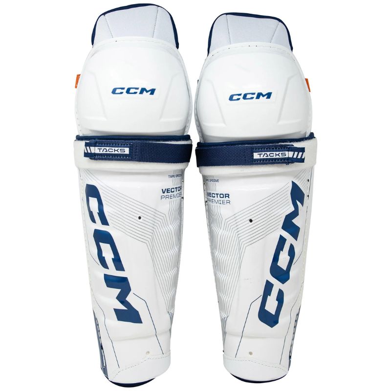 CCM Hockey Shin Guards CCM Tacks Vector Premier Source Exclusive (2024) Junior White/Blue front of both, side by side